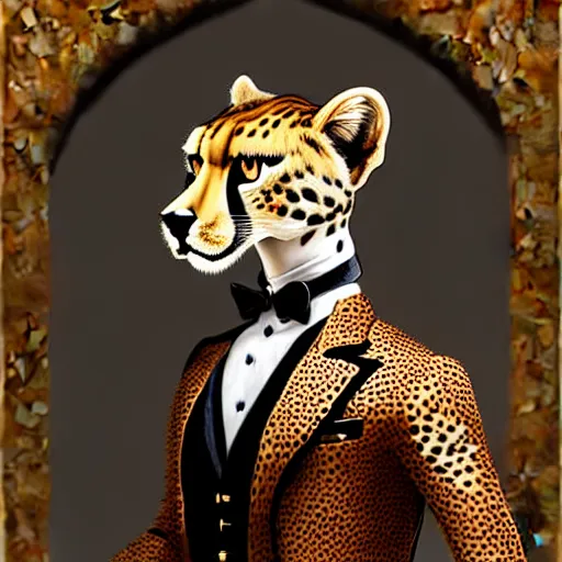 Image similar to A portrait of a steampunk anthropomorphic cheetah wearing a suit in a palace by James Gurney. Highly detailed; incredibly beautiful.