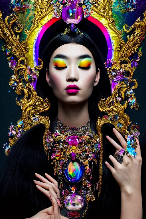 Image similar to a singular beautiful empress dramatic portrait, black hair, with a brilliant, impossible striking shiny big multi colored crystal headpiece, symmetrical, reflective surface, rainbow crystal clothes, rococo, baroque, jewels, asian, realistic, dramatic studio lighting, closeup, D&D, fantasy, intricate, elegant, highly detailed, digital painting, artstation, octane render, 8k, concept art, matte, sharp focus, illustration, art by Artgerm and Greg Rutkowski and Alphonse Mucha