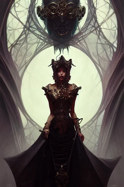 Image similar to dark fantasy, evil magician portrait, dark surrealist , fantasy, intricate, elegant, highly detailed, digital painting, artstation, concept art, smooth, sharp focus, illustration, art by artgerm and greg rutkowski and alphonse mucha