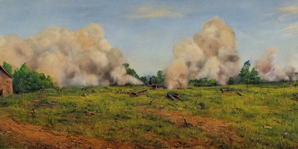 Prompt: an eastern front battlefield landscape, summertime, ruined house, artillery craters, distant smoke column on the horizon, oil painting in the style of peredvizhniki