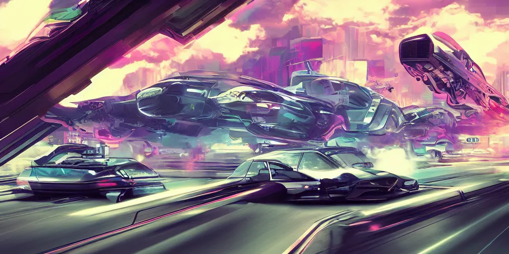 Image similar to high octane car chase, futuristic, sci - fi, vaporwave, wide shot, digital art, detailed