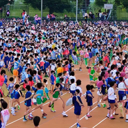 Image similar to sports festival, very crowded, sports tournament, school, studio ghibli