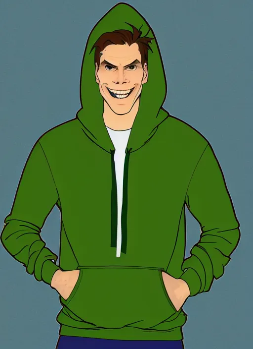 Image similar to jerma wearing a green hoodie and smiling with glowing white teeth, path traced, highly detailed, high quality, digital painting, by studio ghibli and alphonse mucha, leesha hannigan, makoto shinkai, disney