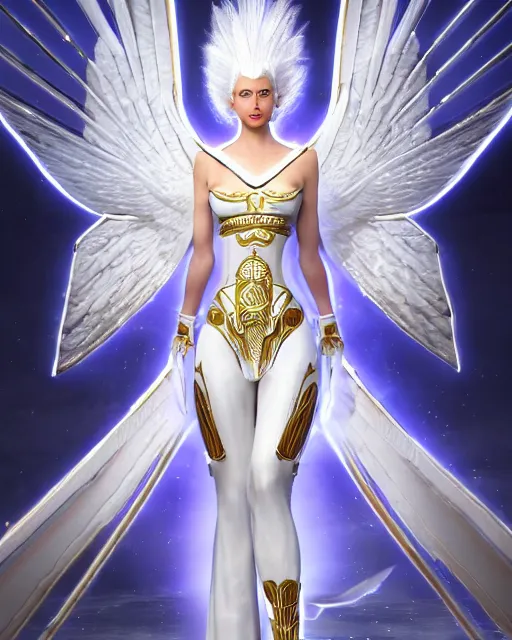 Image similar to perfect white haired egyptian goddess wearing white dove wings, warframe armor, regal, attractive, ornate, sultry, beautiful, charlize theron, half asian, pretty face, blue eyes, illuminated, scifi platform, 4 k, ultra realistic, epic lighting, cinematic, masterpiece, art by akihito tsukushi, voidstar, trending on artstation