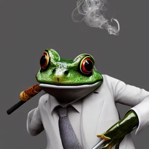 Image similar to a high quality photo of an antropomorphic frog wearing a suit smoking a cigar, 3d scene, render, ultra realistic, artstation, cgsociety