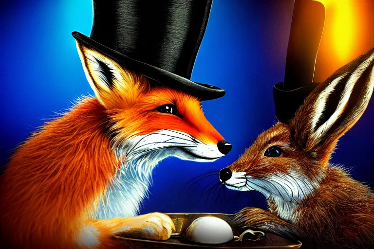 Prompt: the fox in the top hat whispered into the ear of the rabbit. photo - realistic hd, hyperrealism, colourful, highly detailed, cinematic, luminescence, 3 2 k, dop, high contrast, intricate, mystery, epic, fantasy