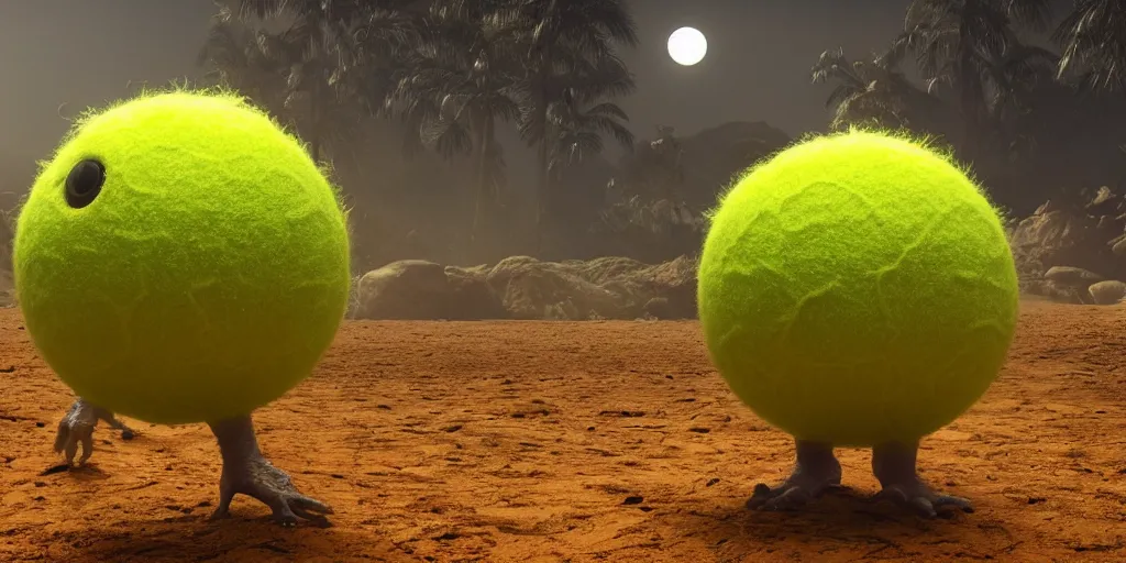 Image similar to a photo of 8 k ultra realistic tennis ball monster, tennis ball monsters, alien exotic, cinematic lighting, trending on artstation, 4 k, hyperrealistic, focused, high details, unreal engine 5, cinematic, alien planet atmosphere in background, 3 d render by basil gogos