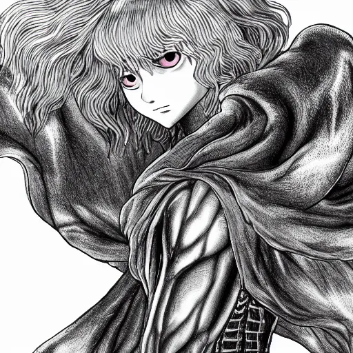 Image similar to griffith from berserk in the style of kentaro miura, 4 k, 8 k, absolute detailing of even the smallest details and particles, beautiful shadows, beautiful art, black and white drawing