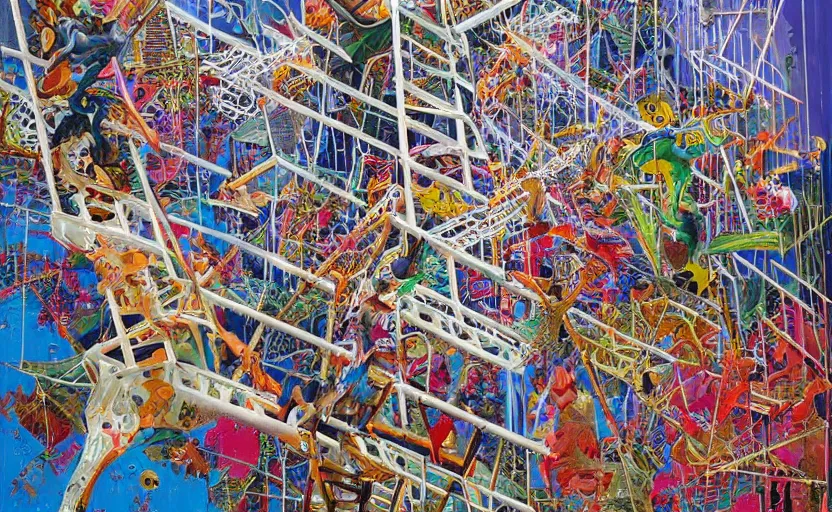 Image similar to chutes and ladders. detailed abstract acrylic painting by bordalo ii, by mc escher, by raqib shaw, japanese popsurrealism,