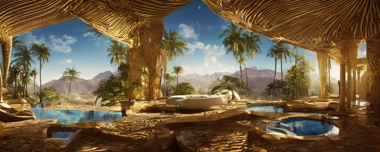 Image similar to surreal hyper luxury spa with intricate golden details with view to arid mountains and palm forest, ultra detailed, photorealism, sharp focus, volumetric light, global illumination