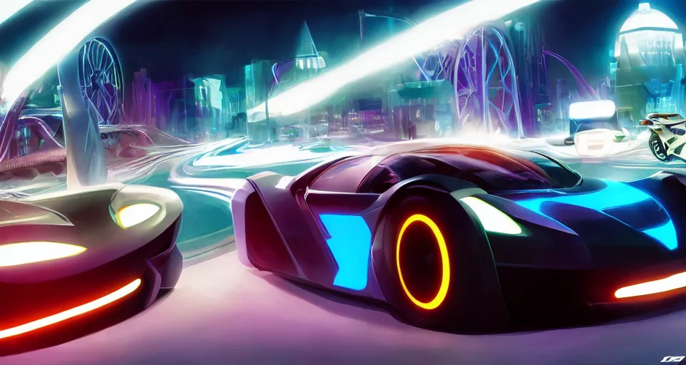 Image similar to dream tron tesla light cycle race, hot wheels, wipe out, hyper realistic, concept art, smooth, high contrast, volumetric lighting, octane, raytrace, syd mead, artgerm, jim lee,