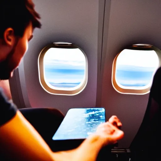 Image similar to a man is sitting in an airplane, watching his friends enjoy bouldering in a gym