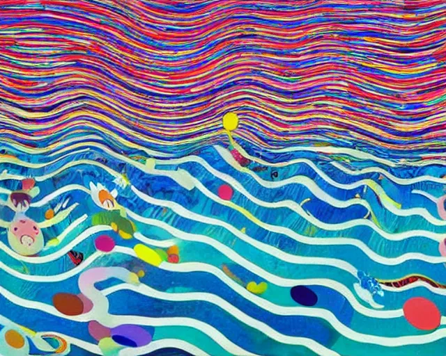 Image similar to Ocean waves in a psychedelic dream world. David Hockney. Takashi Murakami. Minimalist.