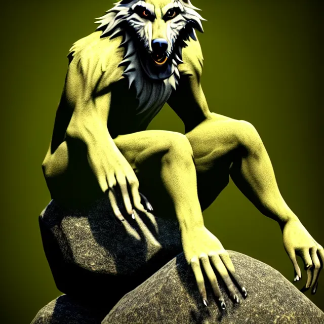 Image similar to A werewolf sitting on a rock, woodland creek, realistic, yellowish full moon