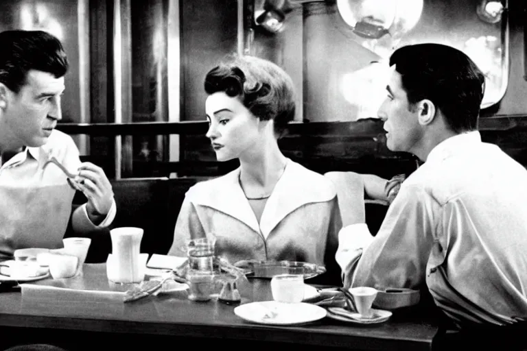 Prompt: beautiful couple arguing in a New York diner 1959s, by Roger Deakins