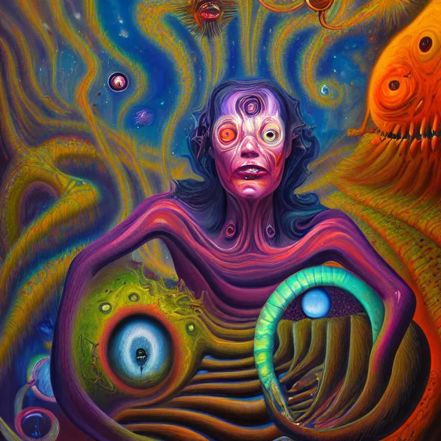 Image similar to an oil on canvas portrait painting of an acid trip, polycount, surrealism, surrealist, lovecraftian, cosmic horror, high detail