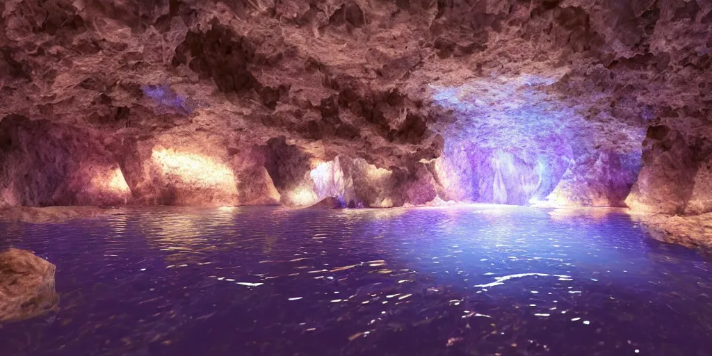 Image similar to mystical cavern underground, crystal, vivid, water, puddles, rocky, minerals, volumetric lighting