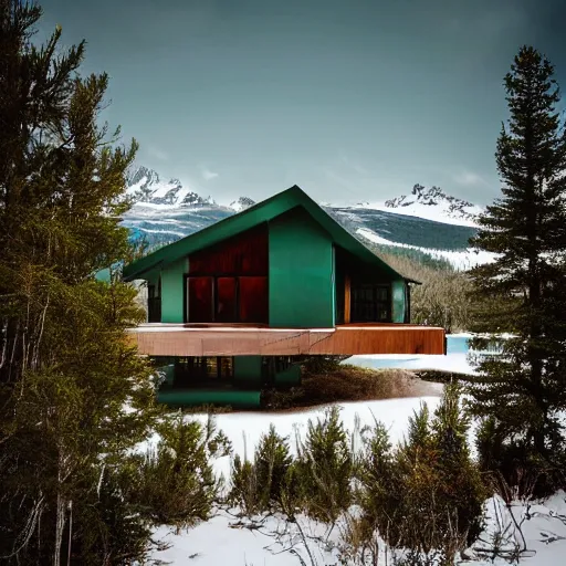 Image similar to wes anderson style modern futuristic house near the lake, snowy mountains and green forest, cinematic, realism, photo, detailed