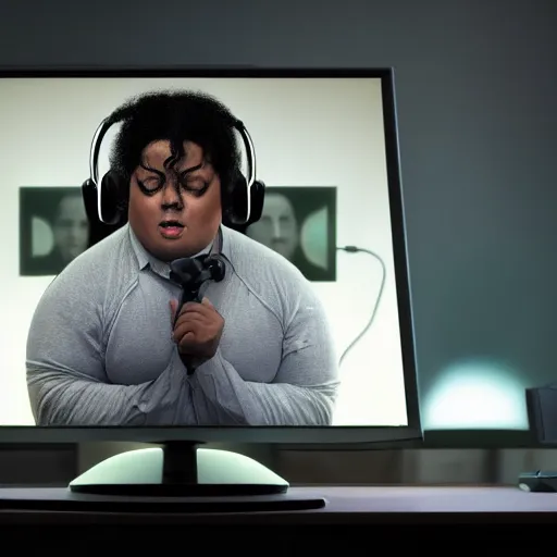 Image similar to obese Michael Jackson wearing a headset yelling at his monitor while playing WoW highly detailed wide angle lens 10:9 aspect ration award winning photography by David Lynch esoteric erasure head