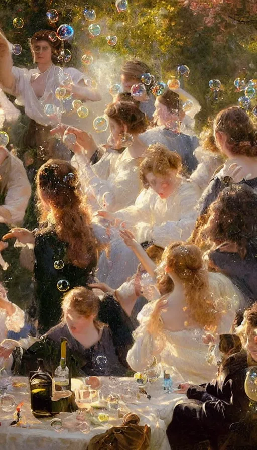 Image similar to painting of midsummer party with bubbles, by Peder Krøyer, dramatic lighting, volumetric lighting, golden hour, epic, intricate detail, canvas print