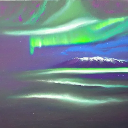 Image similar to a painting of the aurora borealis in the night sky, an oil on canvas painting by Nína Tryggvadóttir, deviantart, metaphysical painting, bioluminescence, nightscape, sense of awe