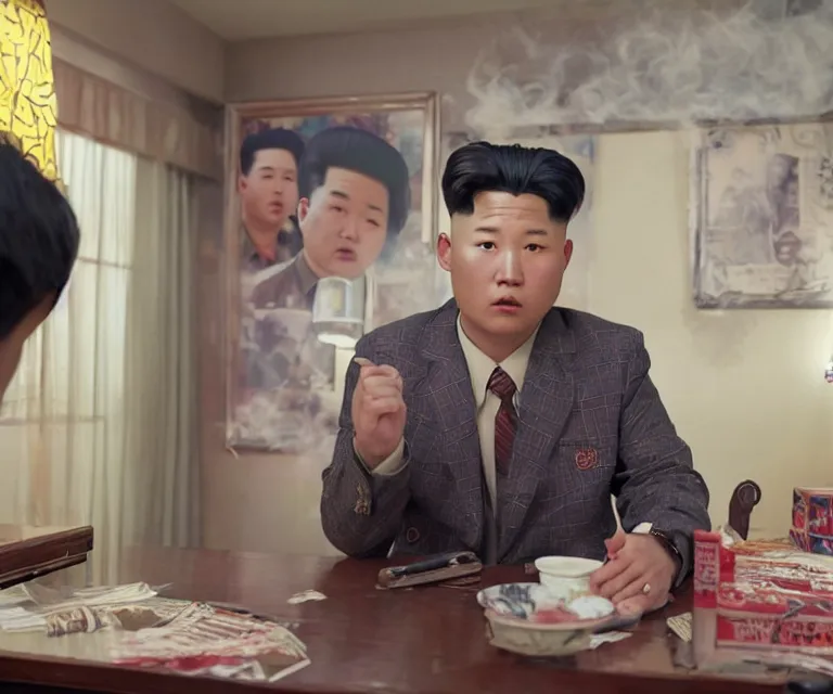 Prompt: hyperralism pineapple express movie still photography of real detailed north korean kim chen with detailed face smoking detailed weed in detailed basement bedroom