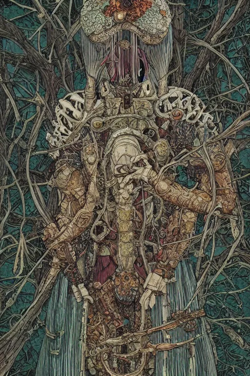 Image similar to mushroomfolk in a in a armor consisting of bismuth. masterpiece 4k digital design by Takato Yamamoto, award winning, Artstation, Takato Yamamoto aesthetic, Neo-Gothic, gothic, forest on background, intricate details, realistic, hyperdetailed, 8k resolution