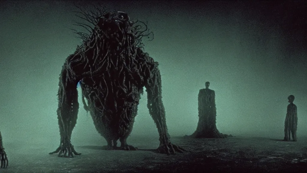 Image similar to the creature from the black city, film still from the movie directed by denis villeneuve and david cronenberg with art direction by salvador dali and zdzisław beksinski, wide lens