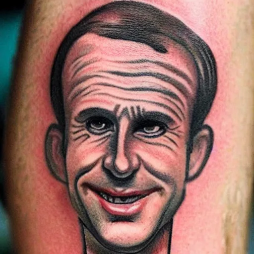Prompt: tattoo of macron, caricature, silly