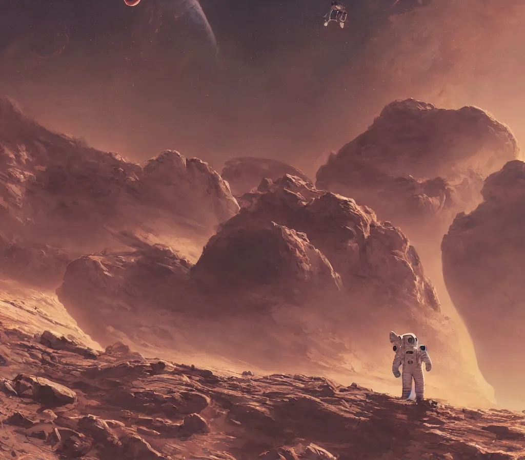 Image similar to Detailed photo of an astronaut seen from behind, he is standing on top of mount Venus on Mars, he is watching the Starship Super Heavy landing at the background, by Jordan Grimmer, digital art, trending on Artstation,