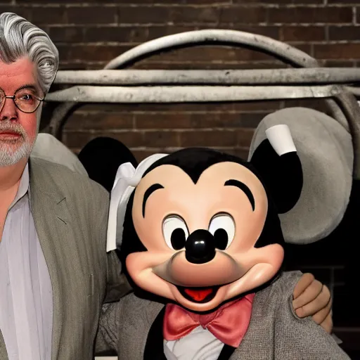 Image similar to george lucas. mickey mouse ears. slave chains, sad, morose