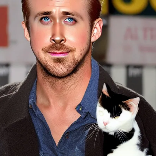 Image similar to ryan gosling morphing into a cat