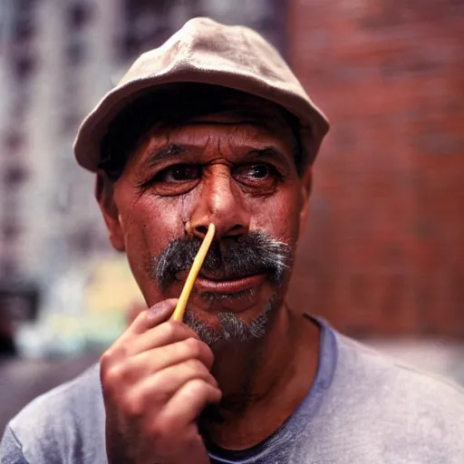 Prompt: closeup portrait of a sneaky man hiding trying to sell hotdogs in a smoky new york back street, by Annie Leibovitz and Steve McCurry, natural light, detailed face, CANON Eos C300, ƒ1.8, 35mm, 8K, medium-format print