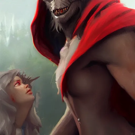 Image similar to werewolf and red riding hood staring at you, 3d scene, render, ultra realistic, zenith view, Greg Rutkowski, Frank Frazetta, artstation, cgsociety, unreal engine, 3d scene, render, ultra realistic