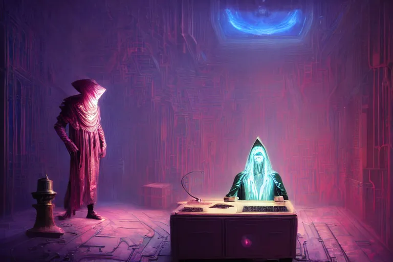 Image similar to a highly detailed beautiful masterpiece painting of a technomancer wizard in robes with pointed hood discussing sentience with his synthesized AI djinn in his laboratory near a computer by Remedios Varo and Anato Finnstark and Greg Rutkowski, dayglo pink, dayglo blue, dazzle camouflage, 8k, trending on ArtStation, rendered in Octane, volumetric lighting