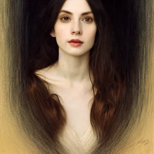 Image similar to Portrait of a beautiful, pale skin, female with long black hair, dark brown eyes, smiling, elegant clothing, photorealistic, highly detailed oil painting, artstation, smooth, sharp focus, art by Klimt, artgerm, Greg Rutkowski and Alphonse Mucha, natural light, Adobe Lightroom, photolab, Affinity Photo, PhotoDirector 365, artstation