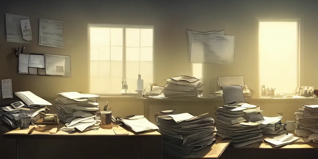 Prompt: messy doctor's office with paperwork on every surface, light shining through the windows, sunset, dramatic lighting, digital art, trending on artstation