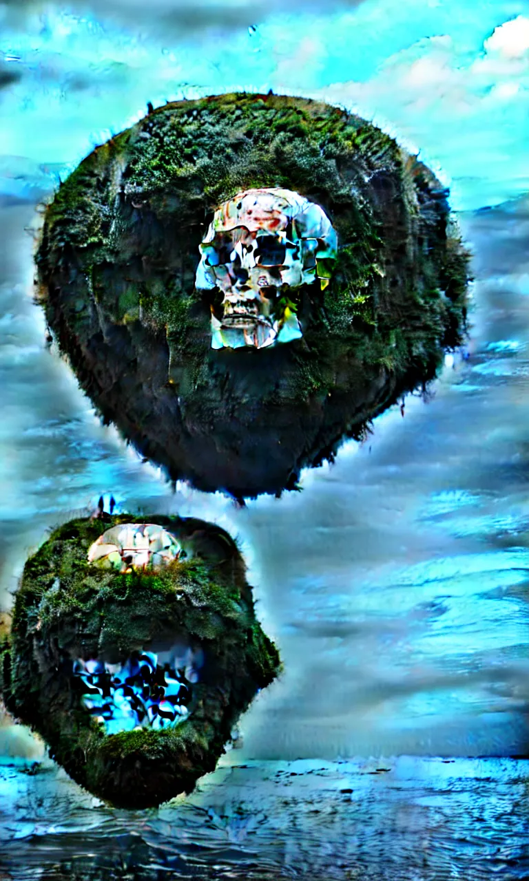 Image similar to an island on top of huge human skull floating on the sea, 9 0 % of the skull is vertically submerged in the water, 8 k, octane render, unreal engine 5, photorealistic