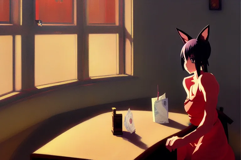 Image similar to anime key visual of anime cat girl losing all of her money on the stock market, panic red, style of jamie wyeth james gilleard edward hopper greg rutkowski acrylic painting, preserved museum piece, historical