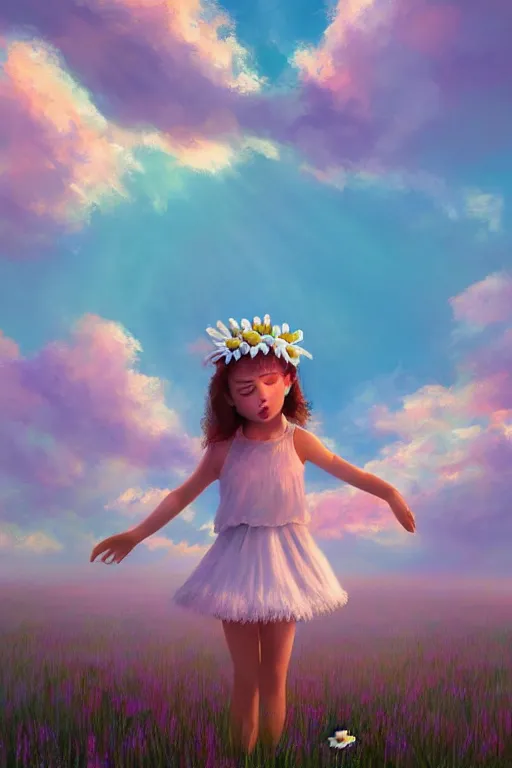 Image similar to giant white daisy flower crown, girl dancing in a flower field, surreal photography, sunrise, dramatic light, impressionist painting, colorful clouds, digital painting, artstation, simon stalenhag