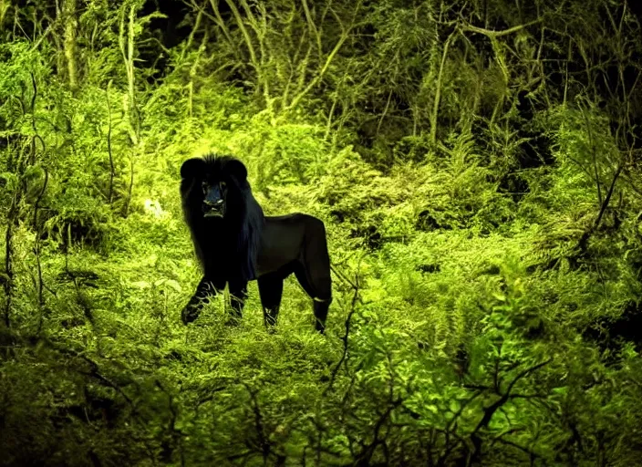 Prompt: professional wildlife photograph of a black lion standing in a dark jungle at night, surrounded by dense dark trees, moss, ferns, cinematic lighting, apex predator, natgeo