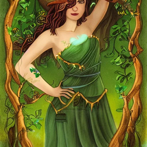 Prompt: a green genie ready to grant wishes deep in the forest, fantasy illustration