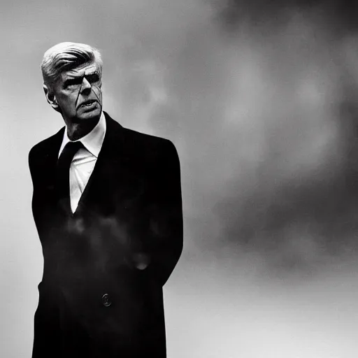 Image similar to arsene wenger as a 1 9 4 0 s gangster, noir, fog, serious, extreme detail, realistic, rain, atmospheric, cigarette in mouth, movie still, studio light 4 k