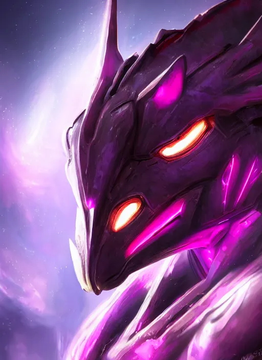 Image similar to cinematic goddess close shot, cosmic size beautiful stunning elegant hot giant robot mecha female dragon, sharp cyborg dragon head, metal ears, led glowing purple eyes, smooth fuschia skin, smooth silver armor, in space, epic proportions, macro, epic size, epic scale, furry art, dragon art, giantess art, warframe fanart, furaffinity, octane