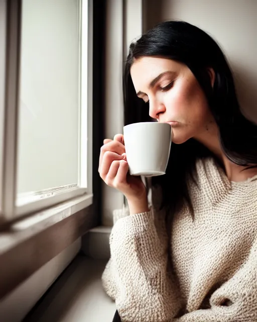 Prompt: a cozy photograph of a pretty french girl with dark hair, wearing a loose oversized white sweater, cuddled up by a windowsill looking at the camera over her mug of hot tea. dramatic lighting, fantasy, intricate, elegant, highly detailed, lifelike, photorealistic, Sigma 1.6, 50mm, bokeh, HDR, high resolution, artstation, concept art, smooth, sharp focus, art by John Collier and Albert Aublet and Krenz Cushart and Artem Demura and Alphonse Mucha