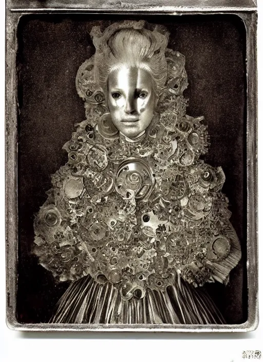 Image similar to old wetplate daguerreotype portrait of a futuristic silver armored headless marie antoinette cyborg, fractal, intricate, elegant, highly detailed, subsurface scattering, by jheronimus bosch and greg rutkowski and louis jacques mande daguerre