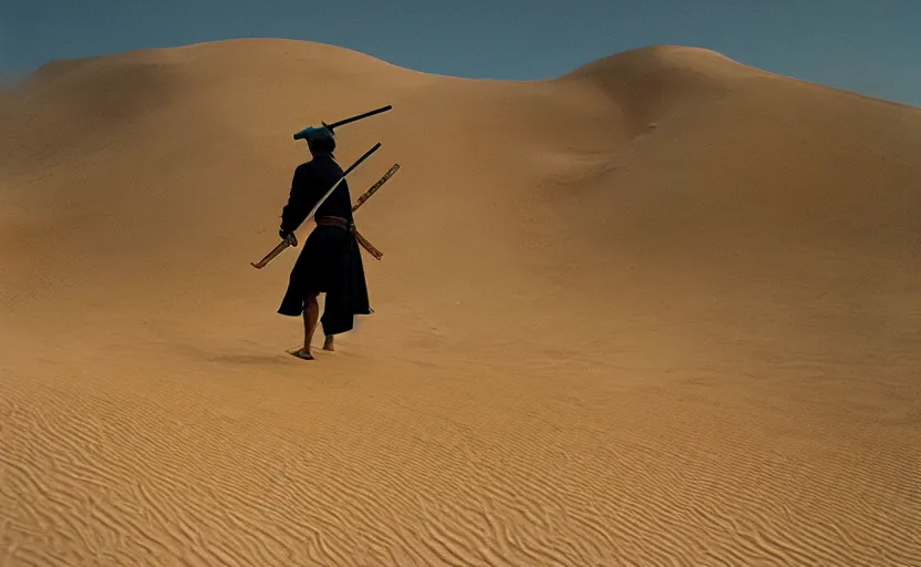 Image similar to roronoa zoro in sand dunes, photography