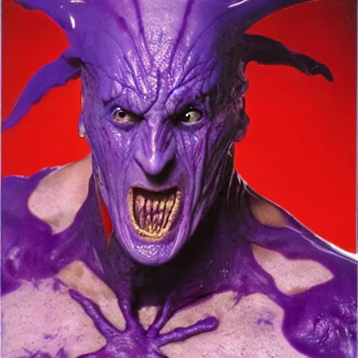 Image similar to ivan ooze, portrait, practical effects, 1 9 9 0 s action movie, purple electricity arcing from fingers, an army of tongue warriors