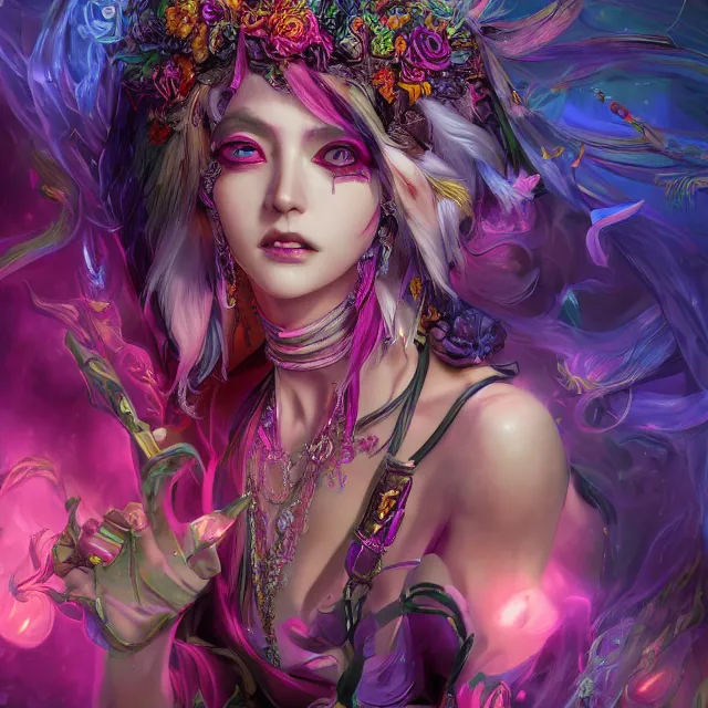 Prompt: the portrait of chaotic evil fallen sensual colorful female necromancer overlord as absurdly beautiful, gorgeous, elegant, young idol, an ultrafine hyperdetailed illustration by kim jung gi, irakli nadar, detailed faces, intricate linework, bright colors, final fantasy, unreal engine 5 highly rendered, global illumination, radiant light, detailed and intricate environment