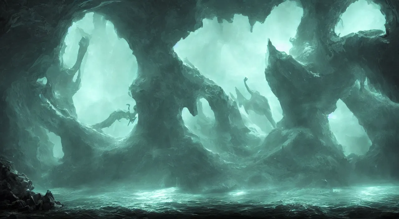 Image similar to Underwater luminescent cave with Leviathans, eerie, emotion, moody, concept art, cinematic